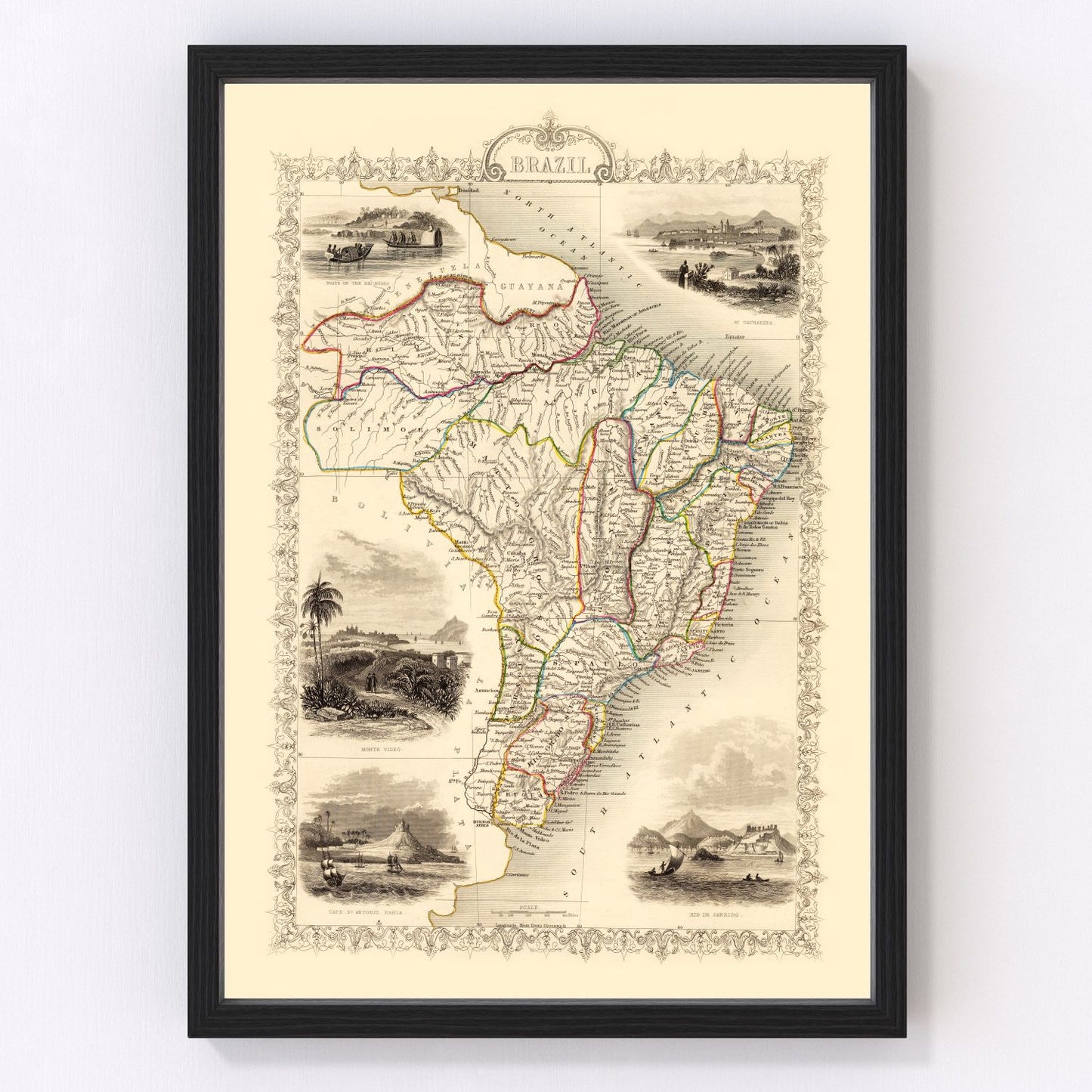 vintage map of Brazil, 1851, restored print wall art