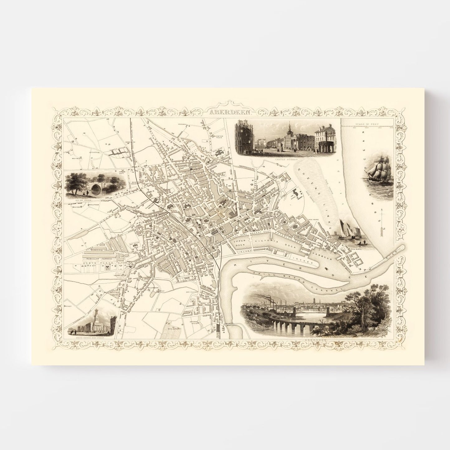 Vintage Map of Aberdeen, Scotland, 1851