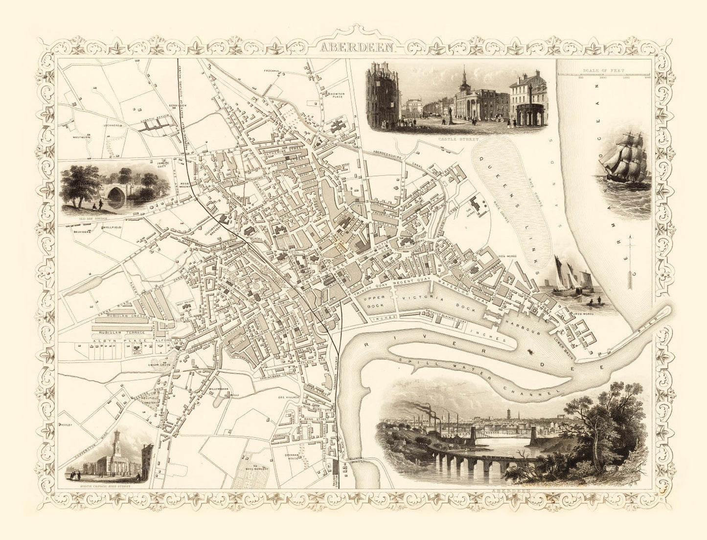 Vintage Map of Aberdeen, Scotland, 1851