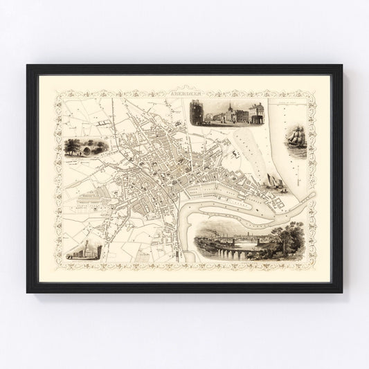 Vintage map of Aberdeen, Scotland, 1851 - restored Victorian-era city cartography print