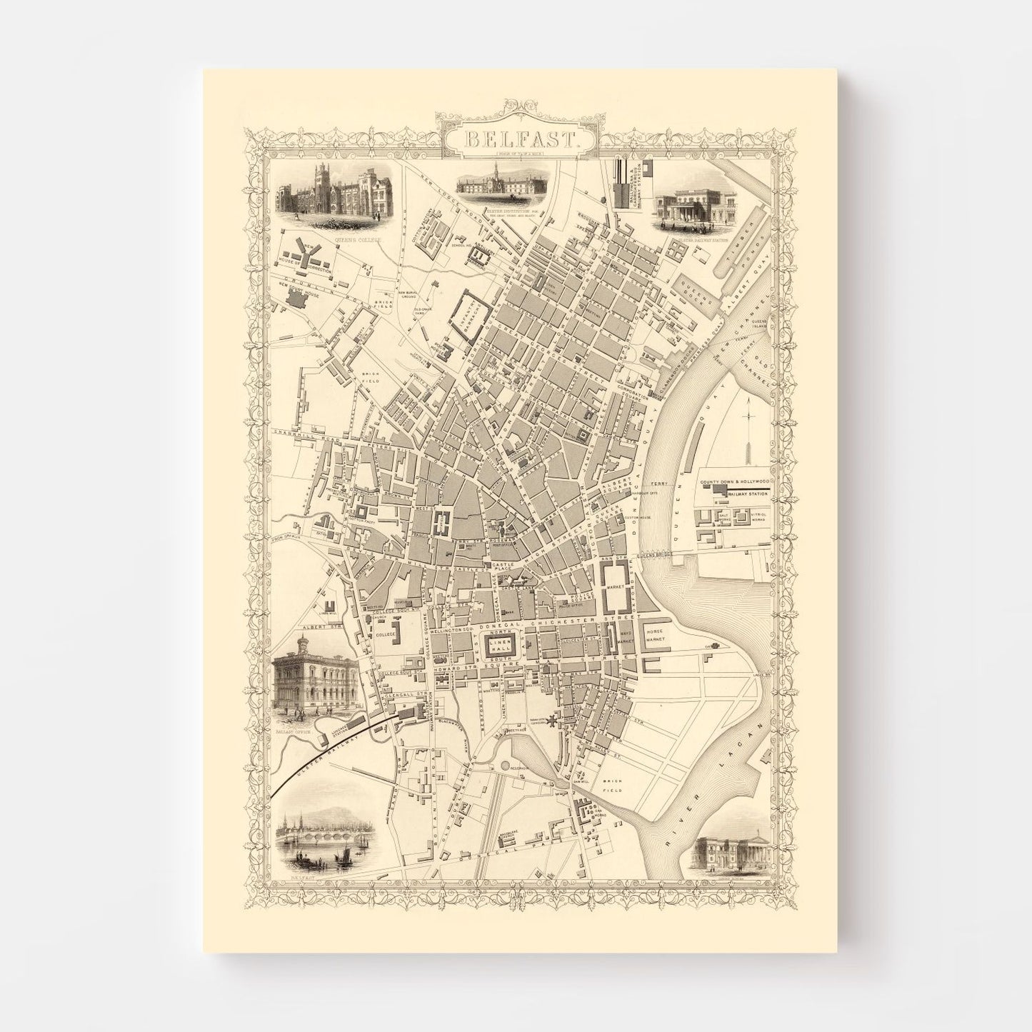 Vintage Map of Belfast, United Kingdom, 1851