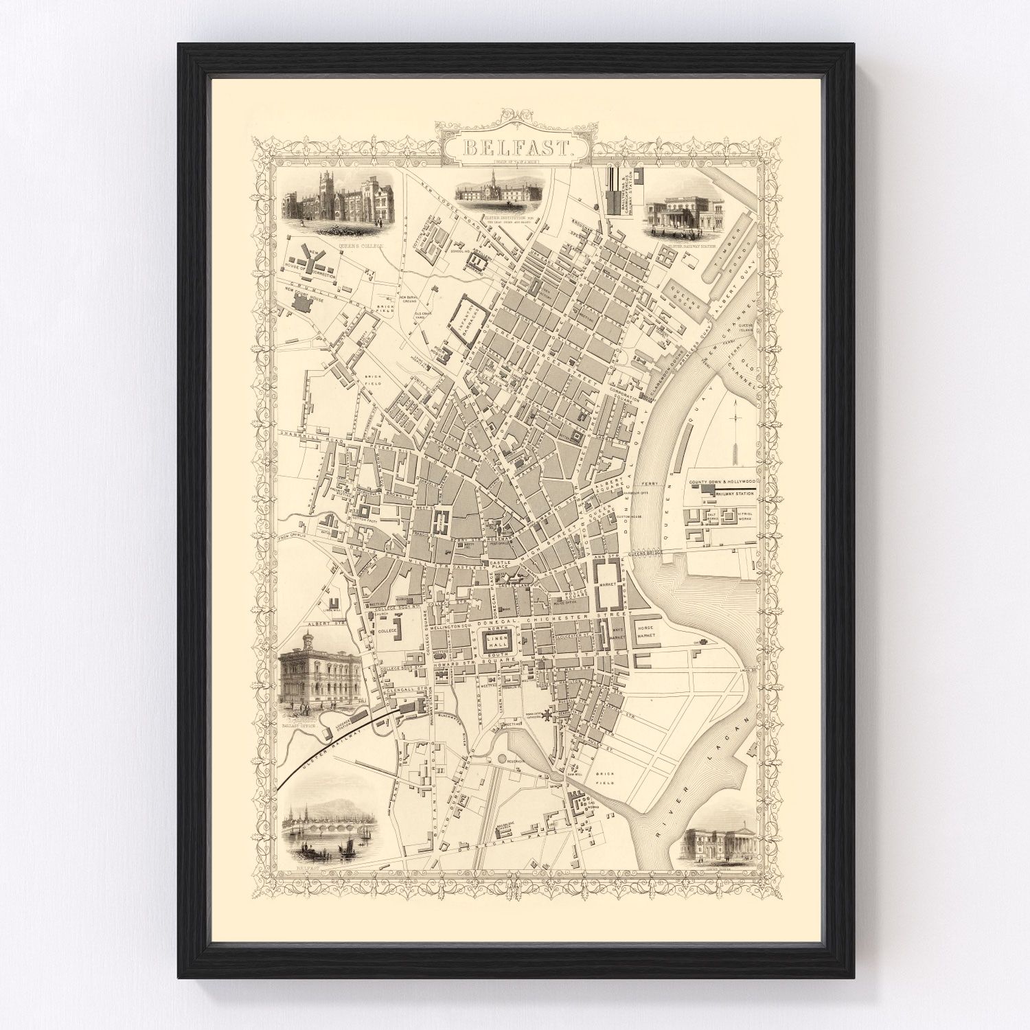 Vintage map of Belfast, United Kingdom, 1851
