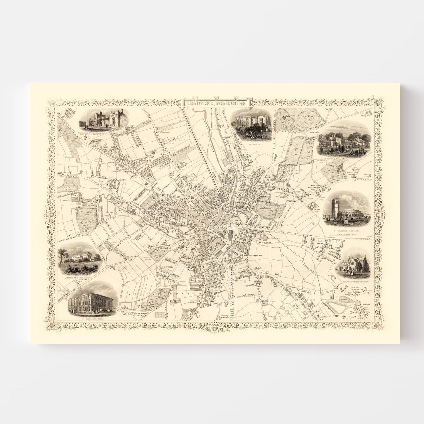 Vintage Map of Bradford & Yorkshire, United Kingdom 1851