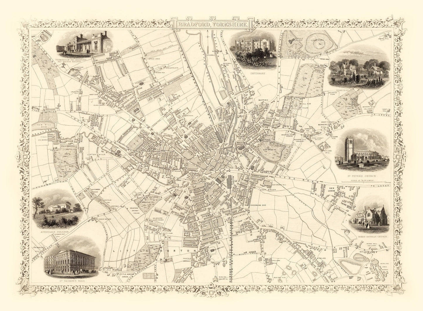 Vintage Map of Bradford & Yorkshire, United Kingdom 1851