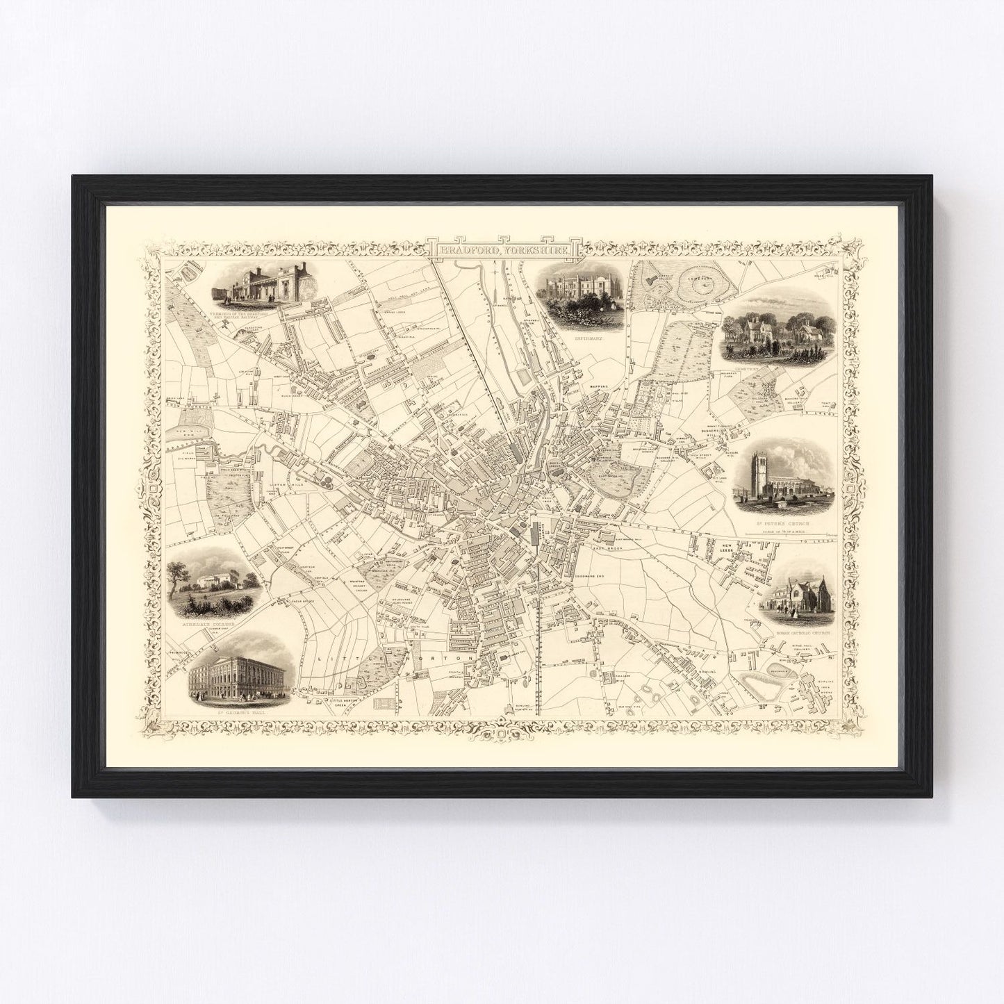 vintage map of Bradford and Yorkshire UK, 1851, restored print wall art