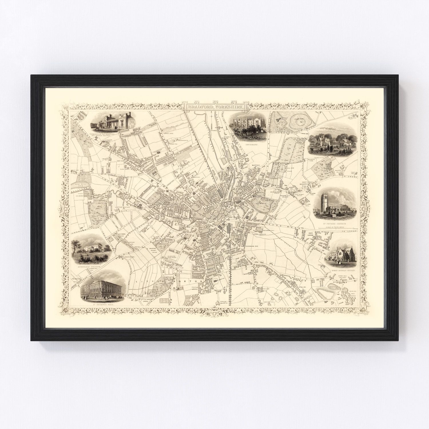 vintage map of Bradford and Yorkshire UK, 1851, restored print wall art