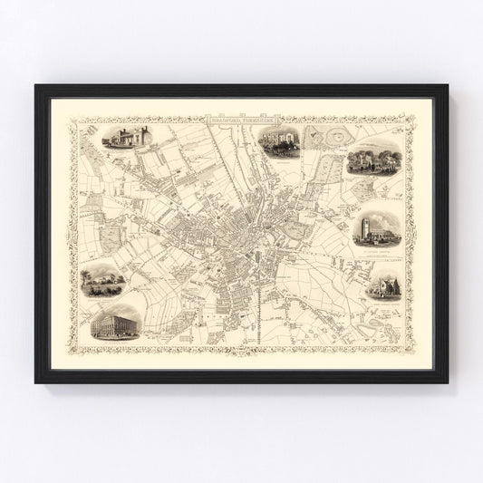 vintage map of Bradford and Yorkshire UK, 1851, restored print wall art