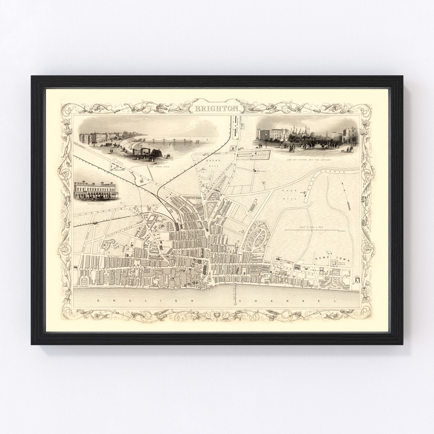 Vintage map of Brighton, United Kingdom, 1851, Victorian seaside resort restored print