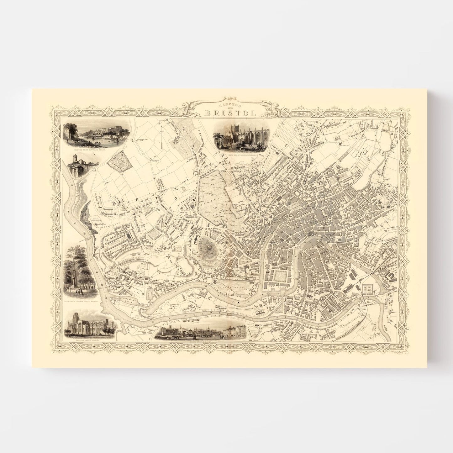 Vintage Map of Bristol and Clifton, United Kingdom, 1851