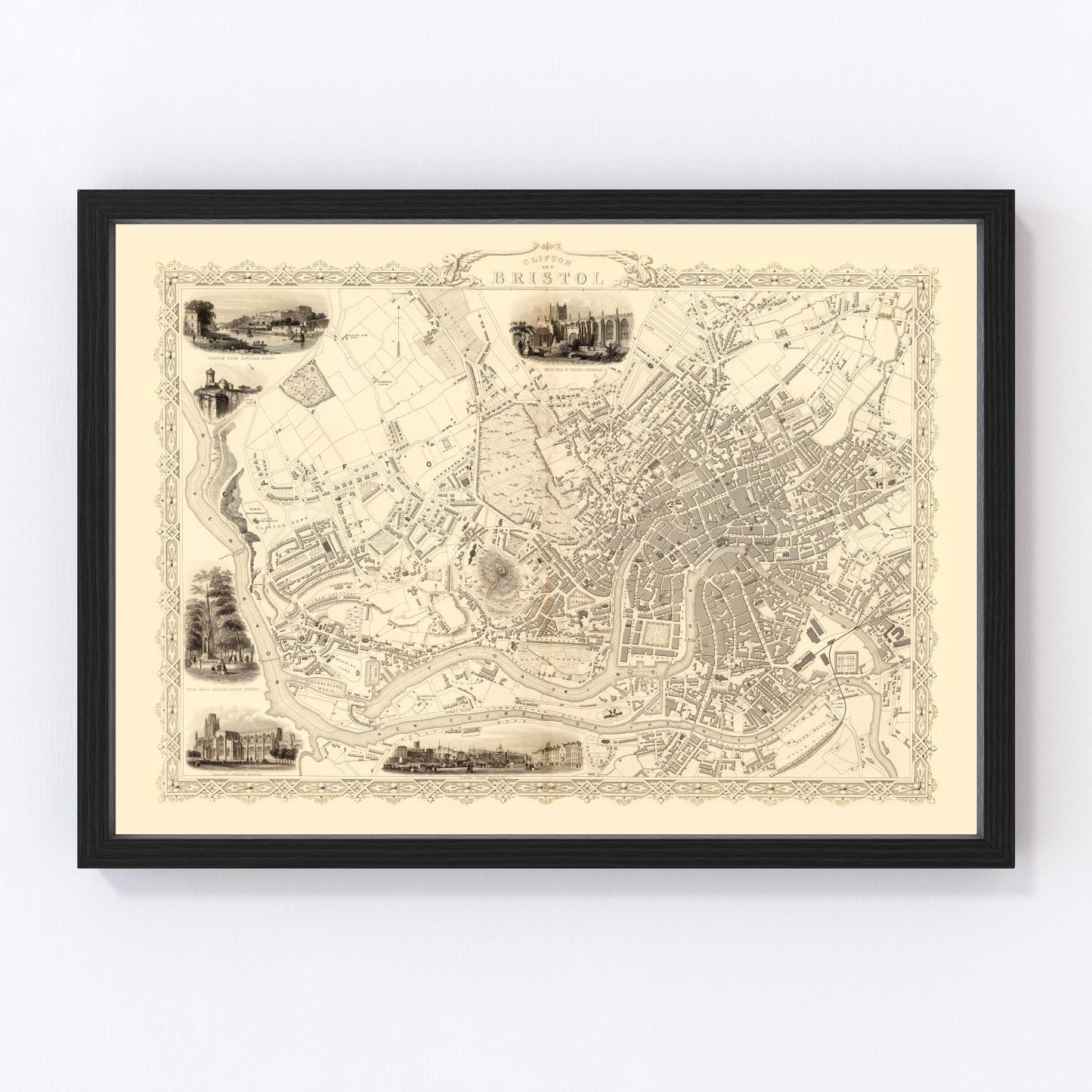 Vintage map of Bristol and Clifton, United Kingdom, 1851, Avon Gorge restored print