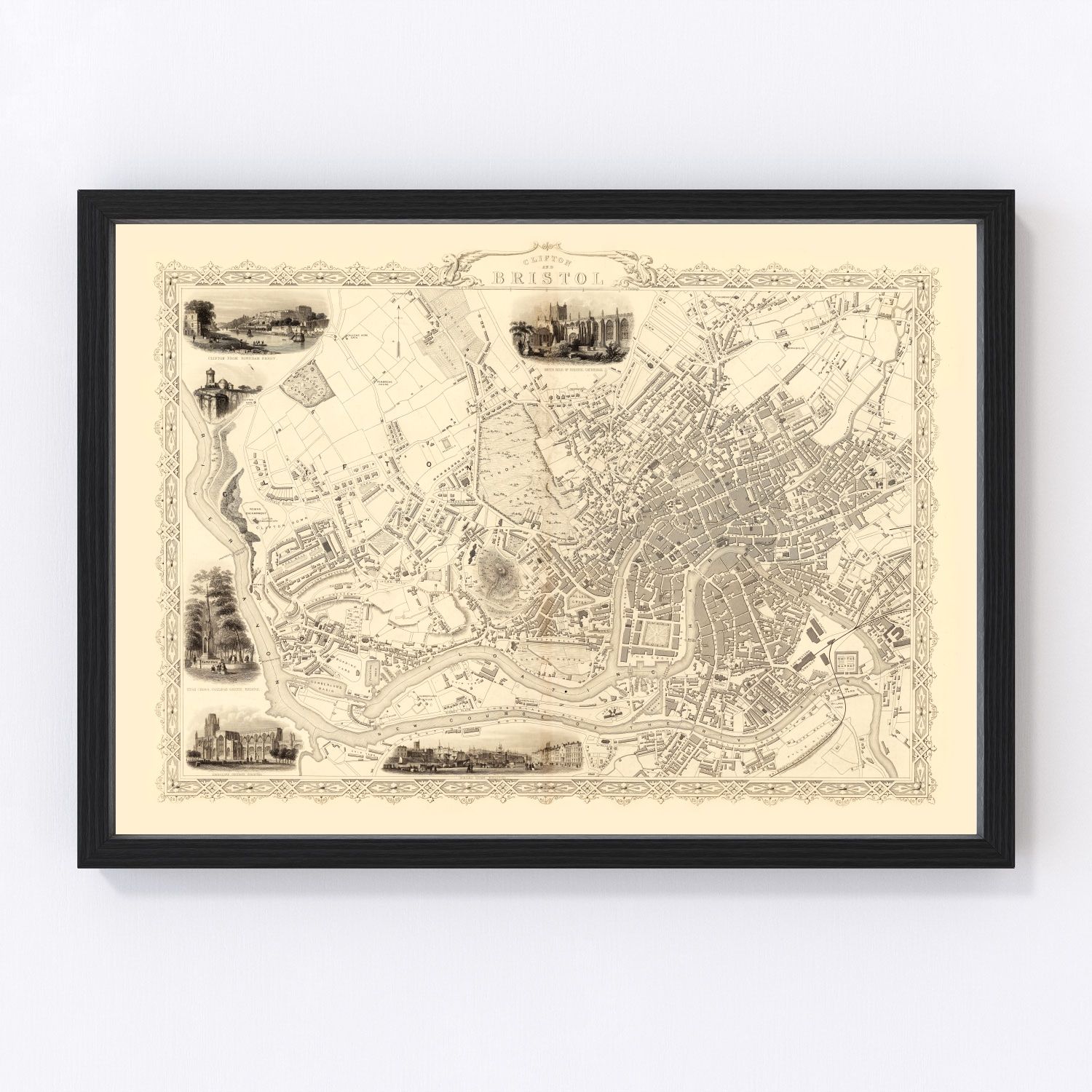 Vintage map of Bristol and Clifton, United Kingdom, 1851, Avon Gorge restored print