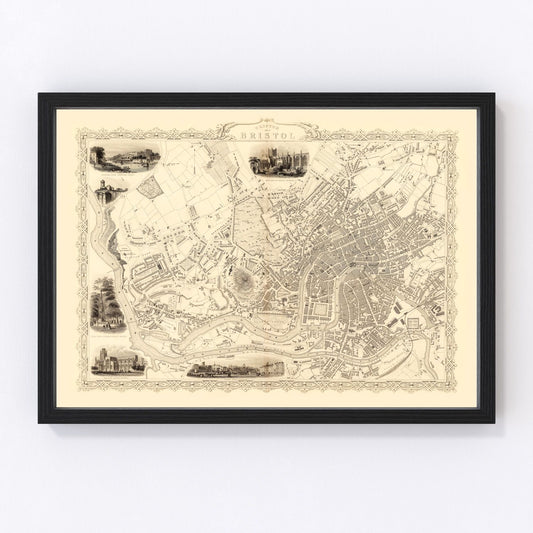 Vintage map of Bristol and Clifton, United Kingdom, 1851, Avon Gorge restored print