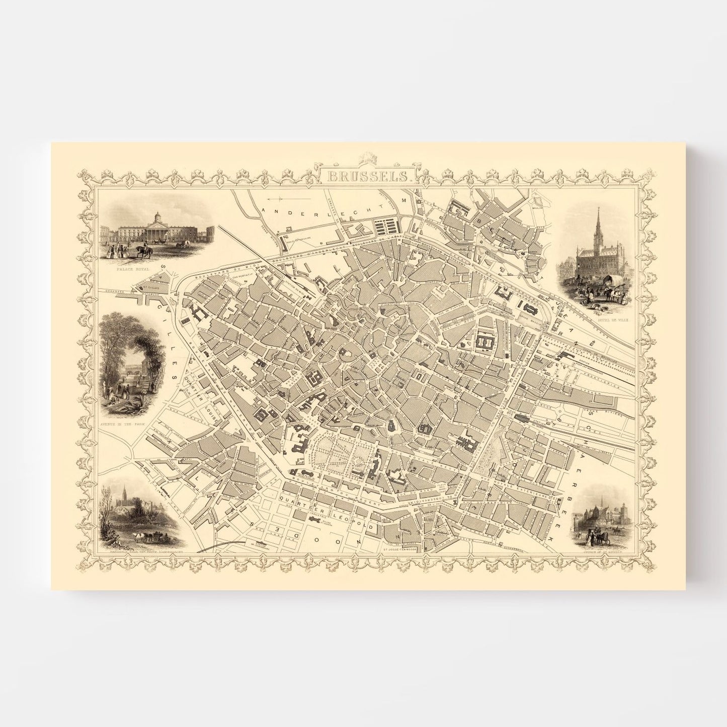 Vintage Map of Brussels, Belgium, 1851