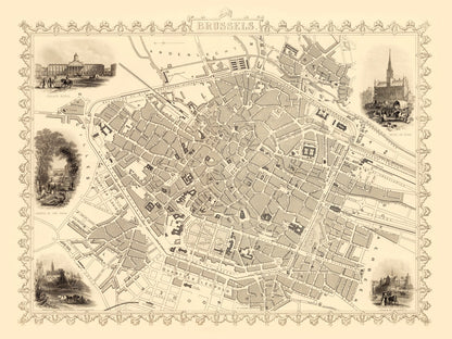 Vintage Map of Brussels, Belgium, 1851