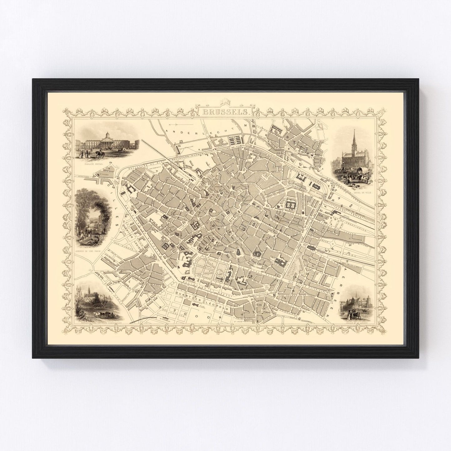 Vintage map of Brussels, Belgium, 1851, Leopold I era
