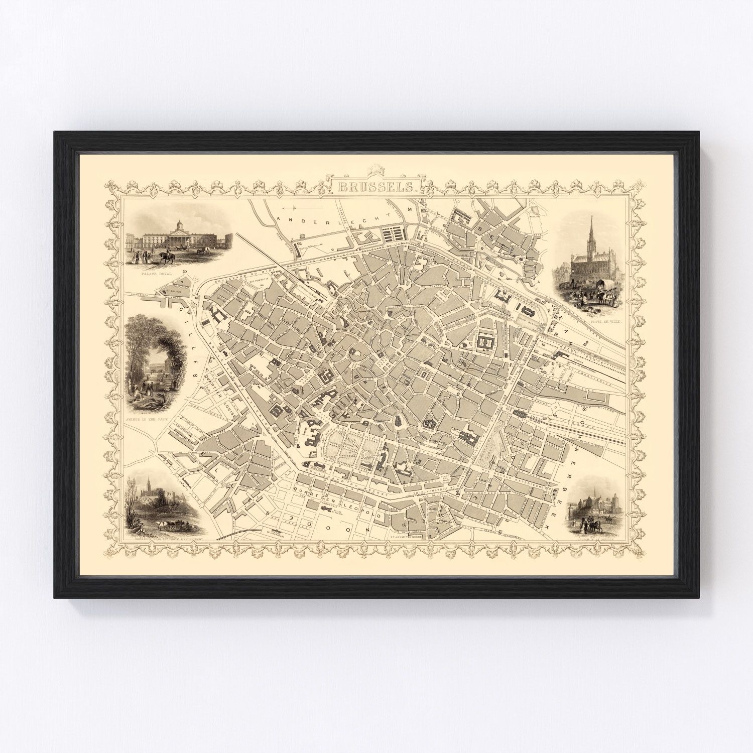 Vintage map of Brussels, Belgium, 1851, Leopold I era