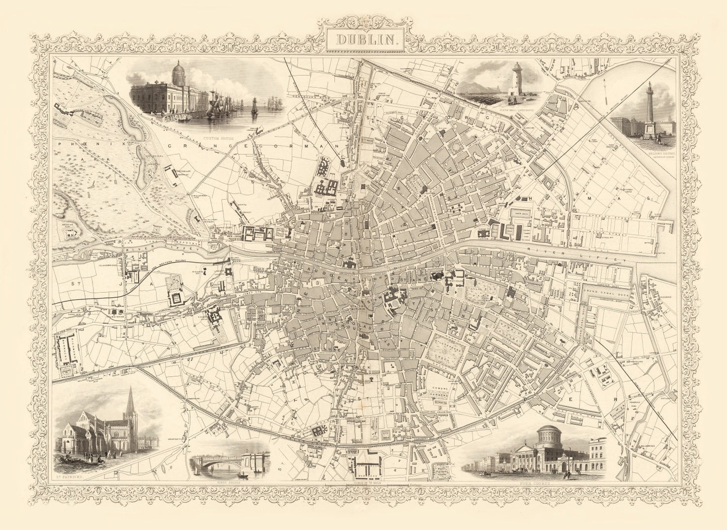 Vintage Map of Dublin, Ireland, 1851