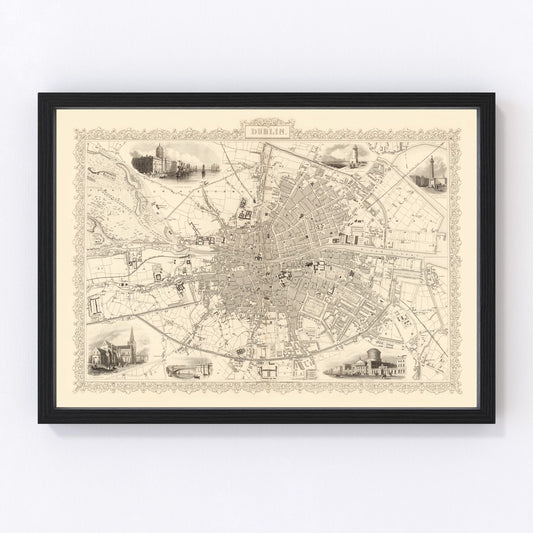 Vintage map of Dublin, Ireland, 1851