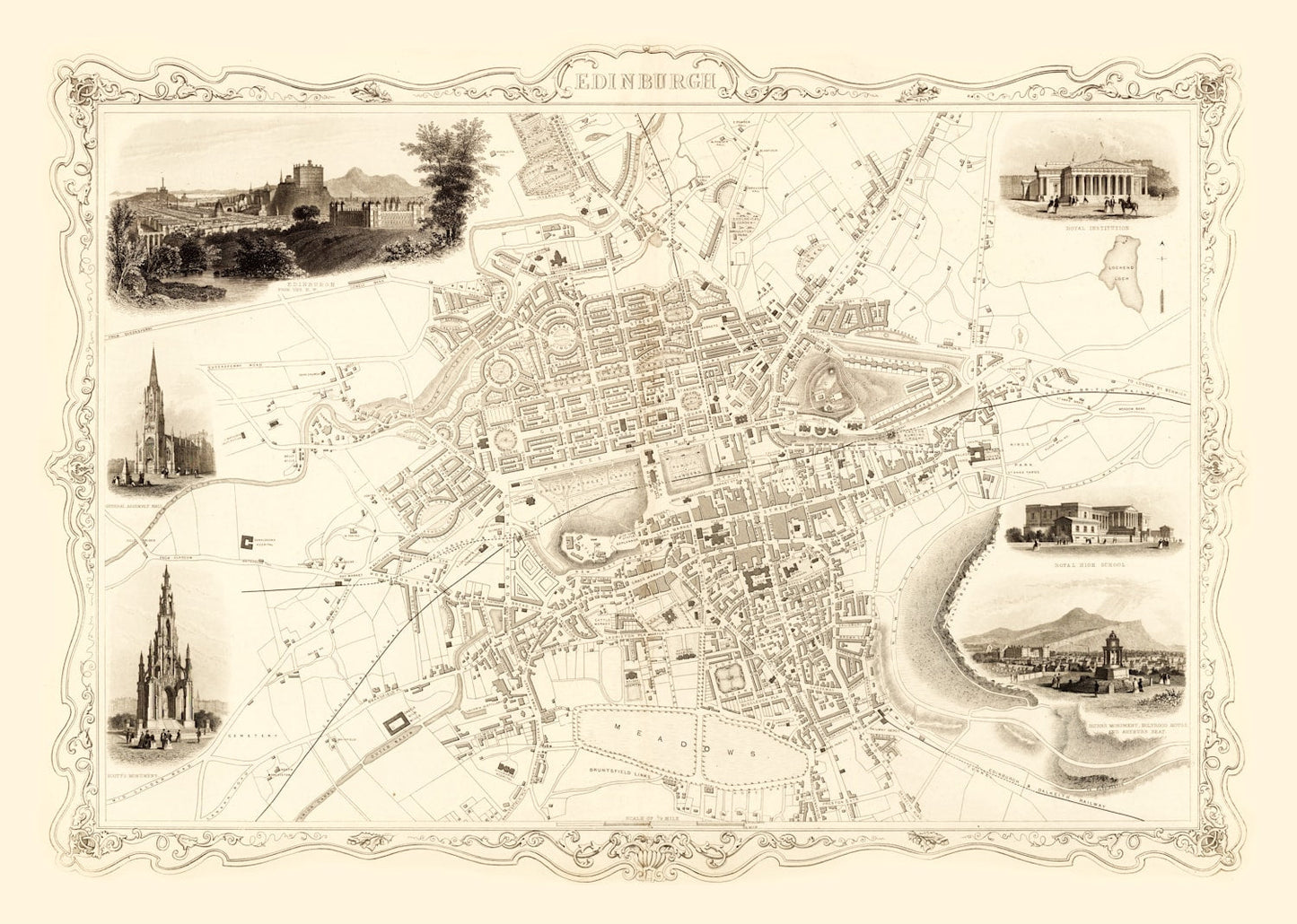 Vintage Map of Edinburgh, Scotland, 1851
