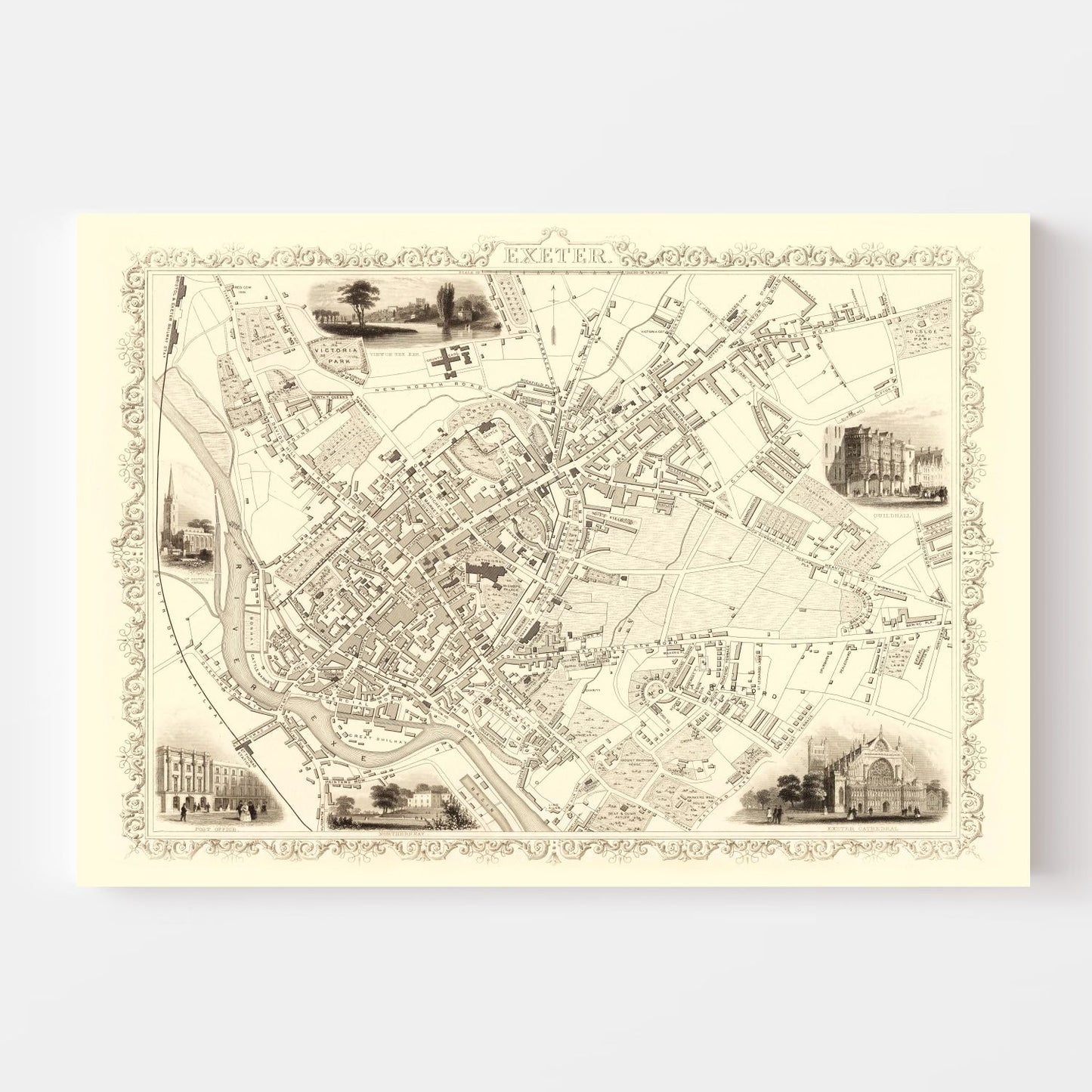 Vintage Map of Exeter, United Kingdom, 1851