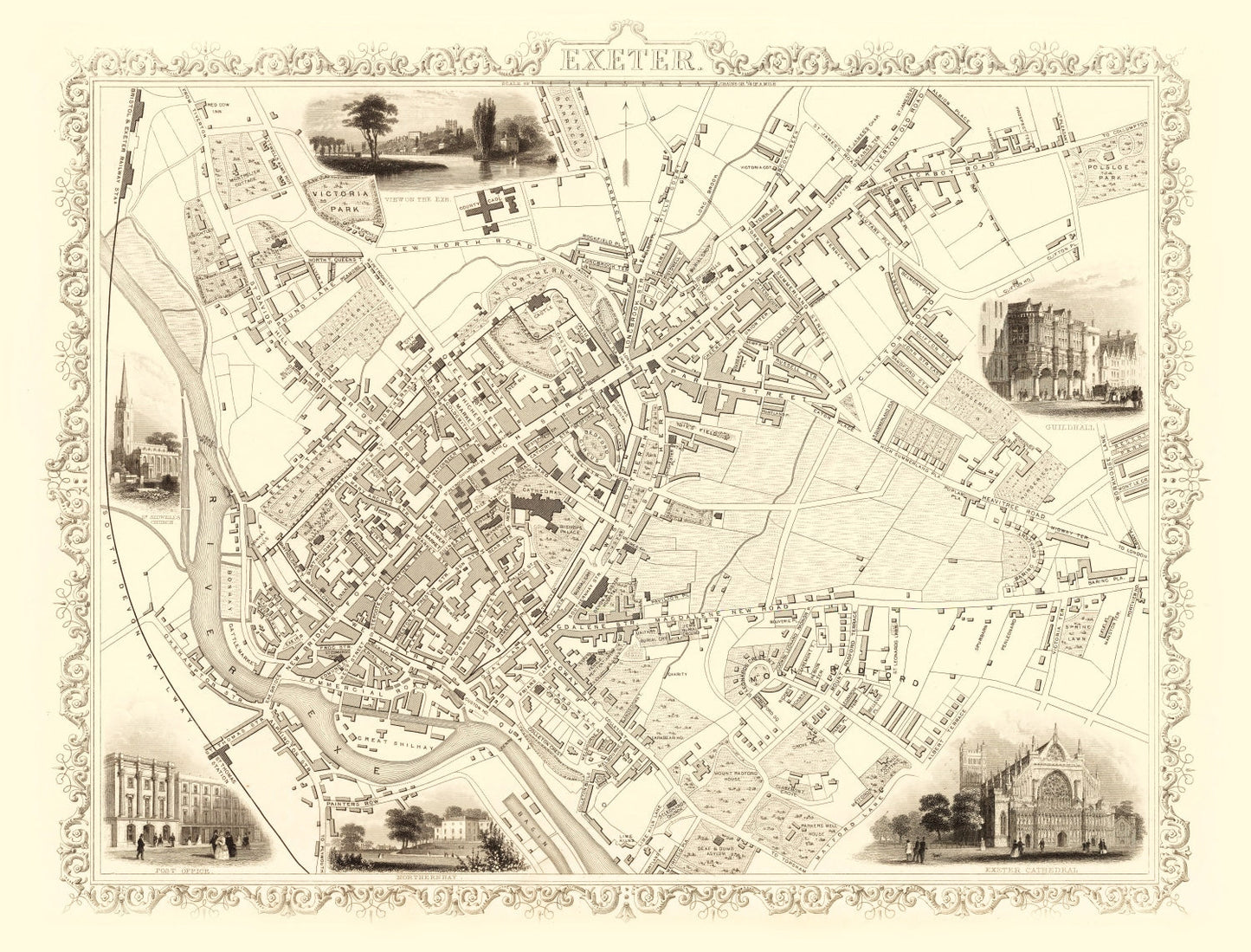 Vintage Map of Exeter, United Kingdom, 1851