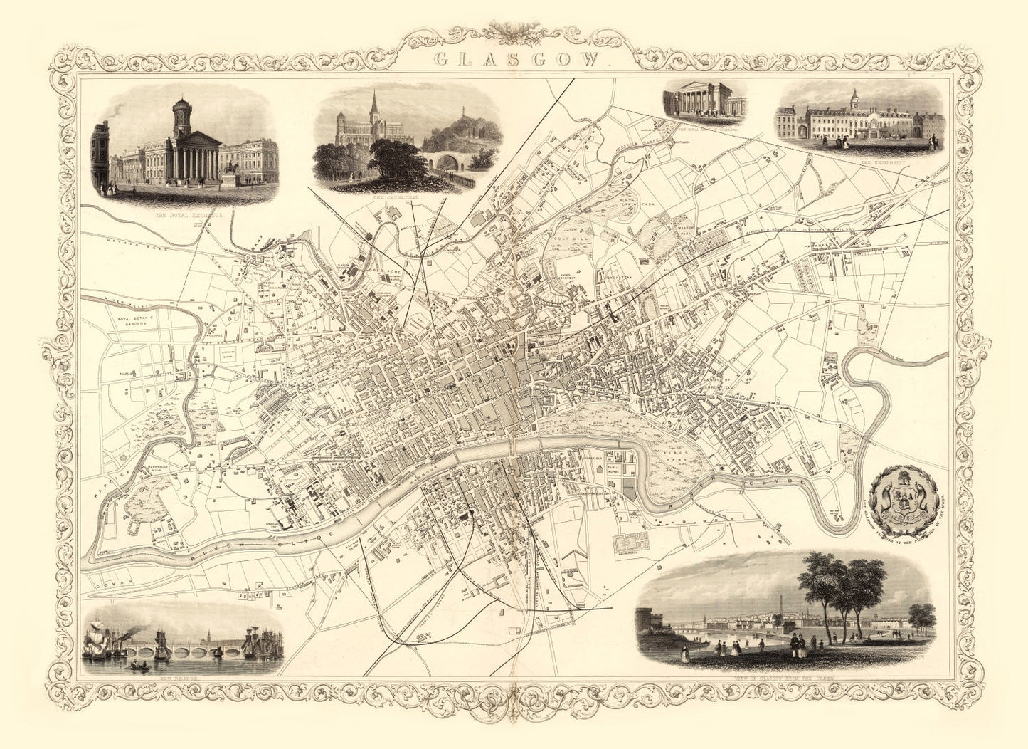 Vintage Map of Glasgow, Scotland, 1851