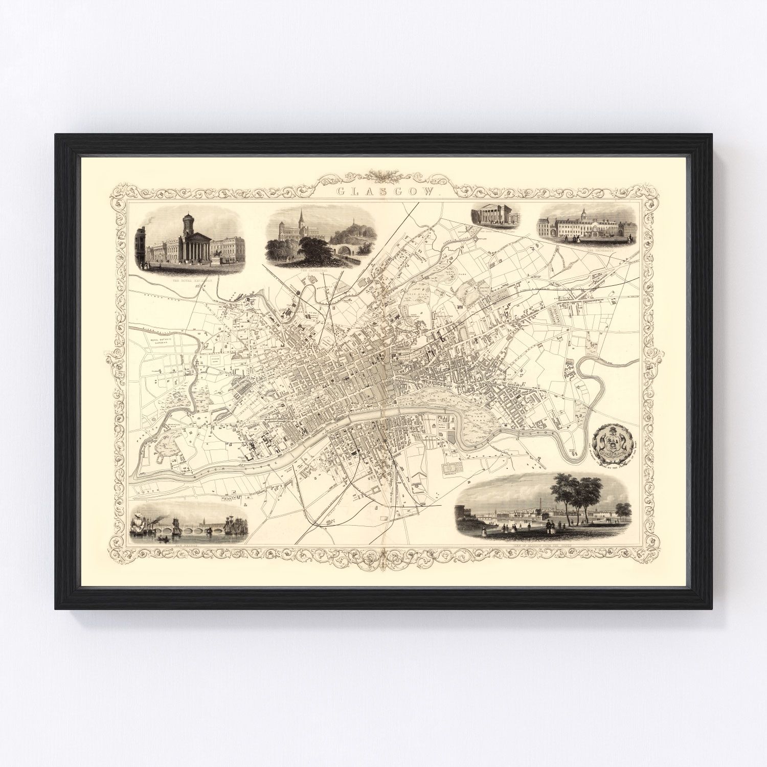 Vintage map of Glasgow, Scotland, 1851