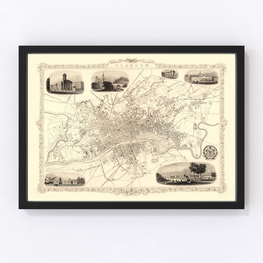 Vintage map of Glasgow, Scotland, 1851