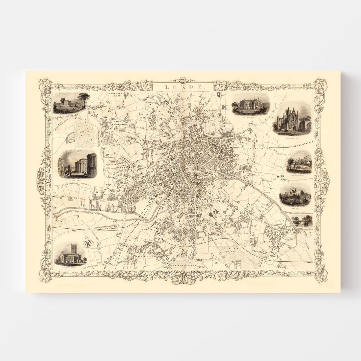 Vintage Map of Leeds, United Kingdom, 1851