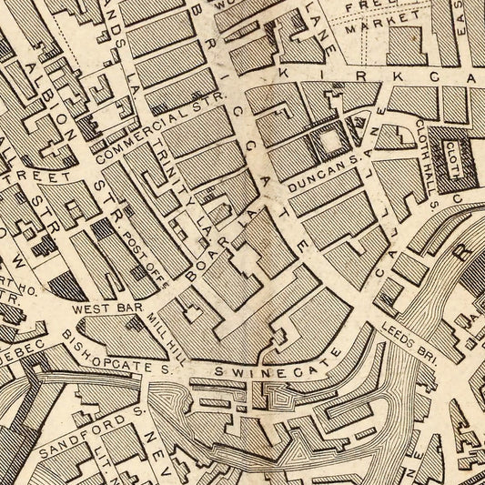 Vintage Map of Leeds, United Kingdom, 1851