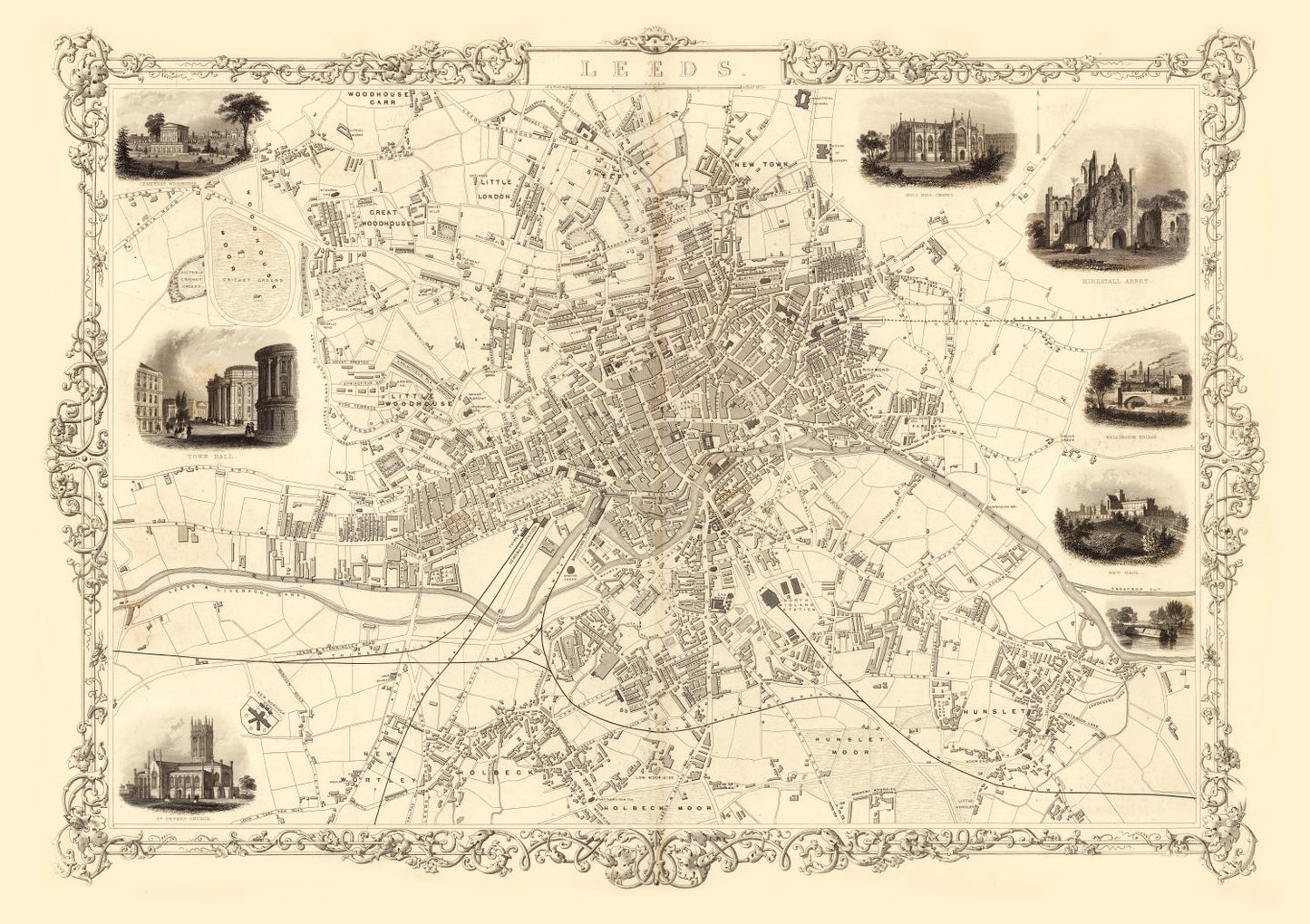 Vintage Map of Leeds, United Kingdom, 1851