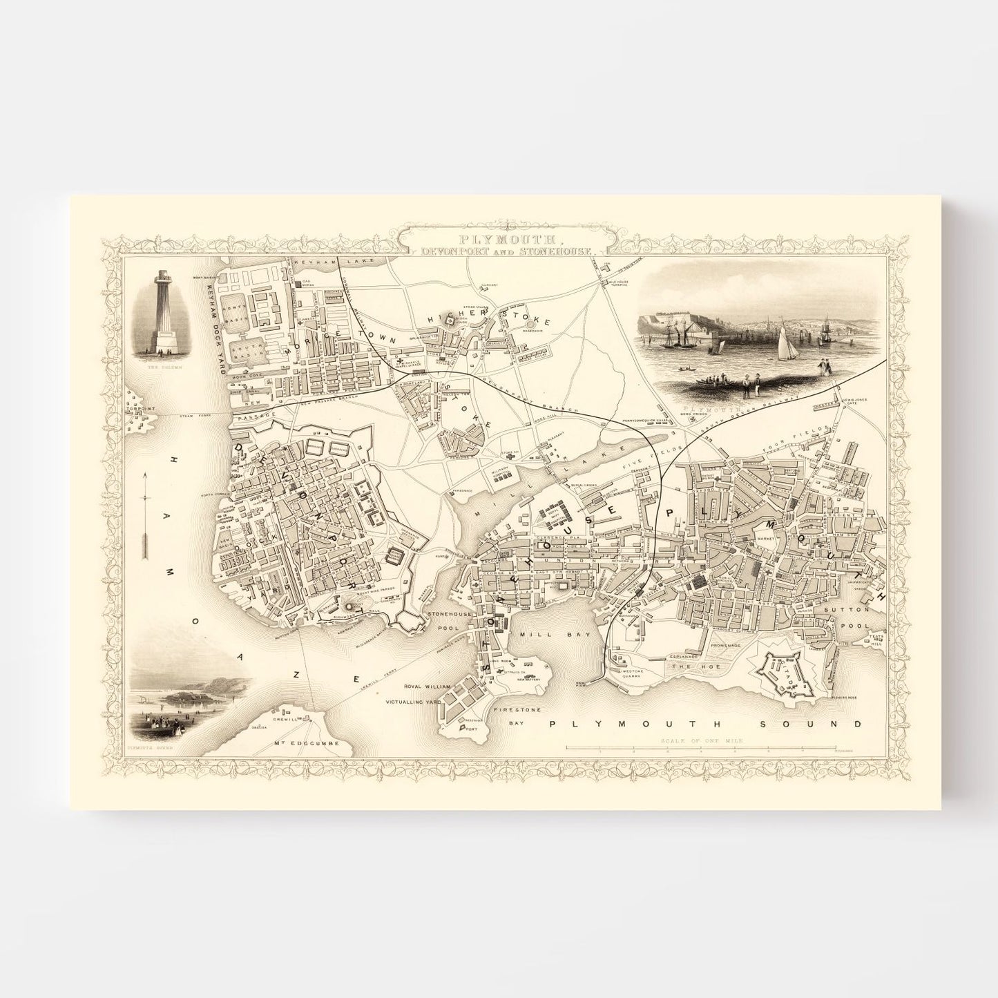 Vintage Map of Plymouth, United Kingdom, 1851