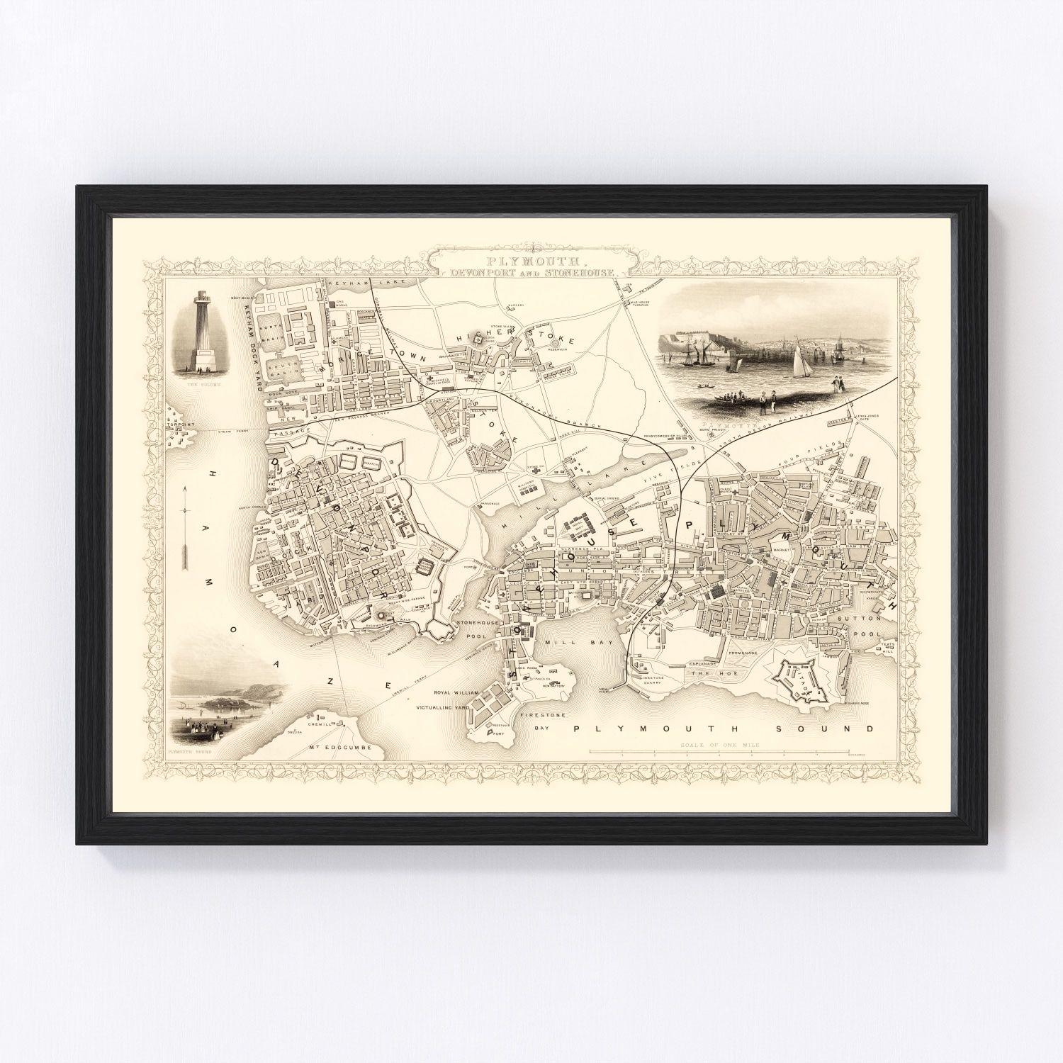 vintage map of Plymouth, United Kingdom, 1851