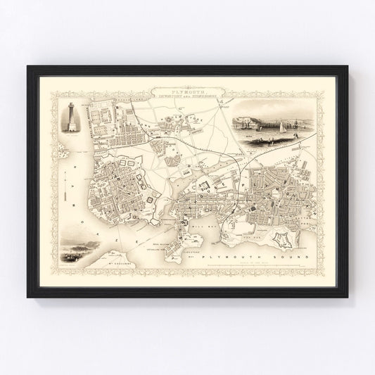 vintage map of Plymouth, United Kingdom, 1851