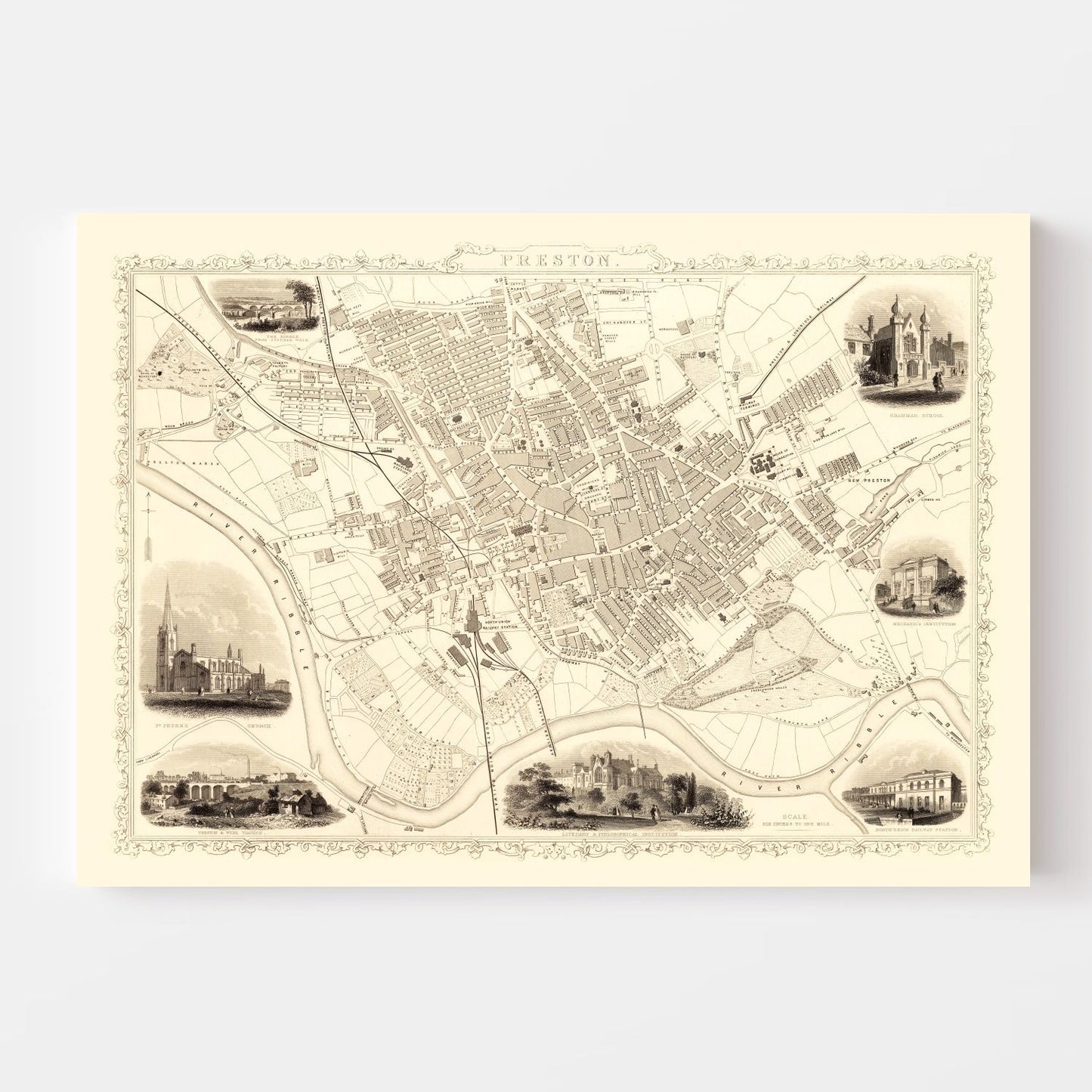 Vintage Map of Preston, United Kingdom, 1851