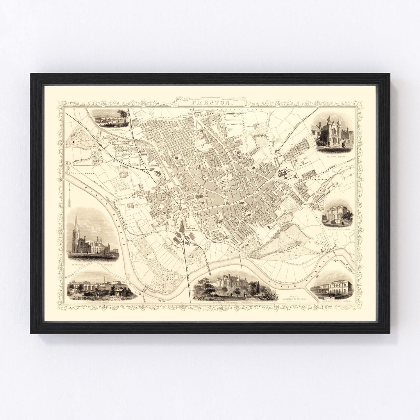 Vintage map of Preston, United Kingdom, 1851