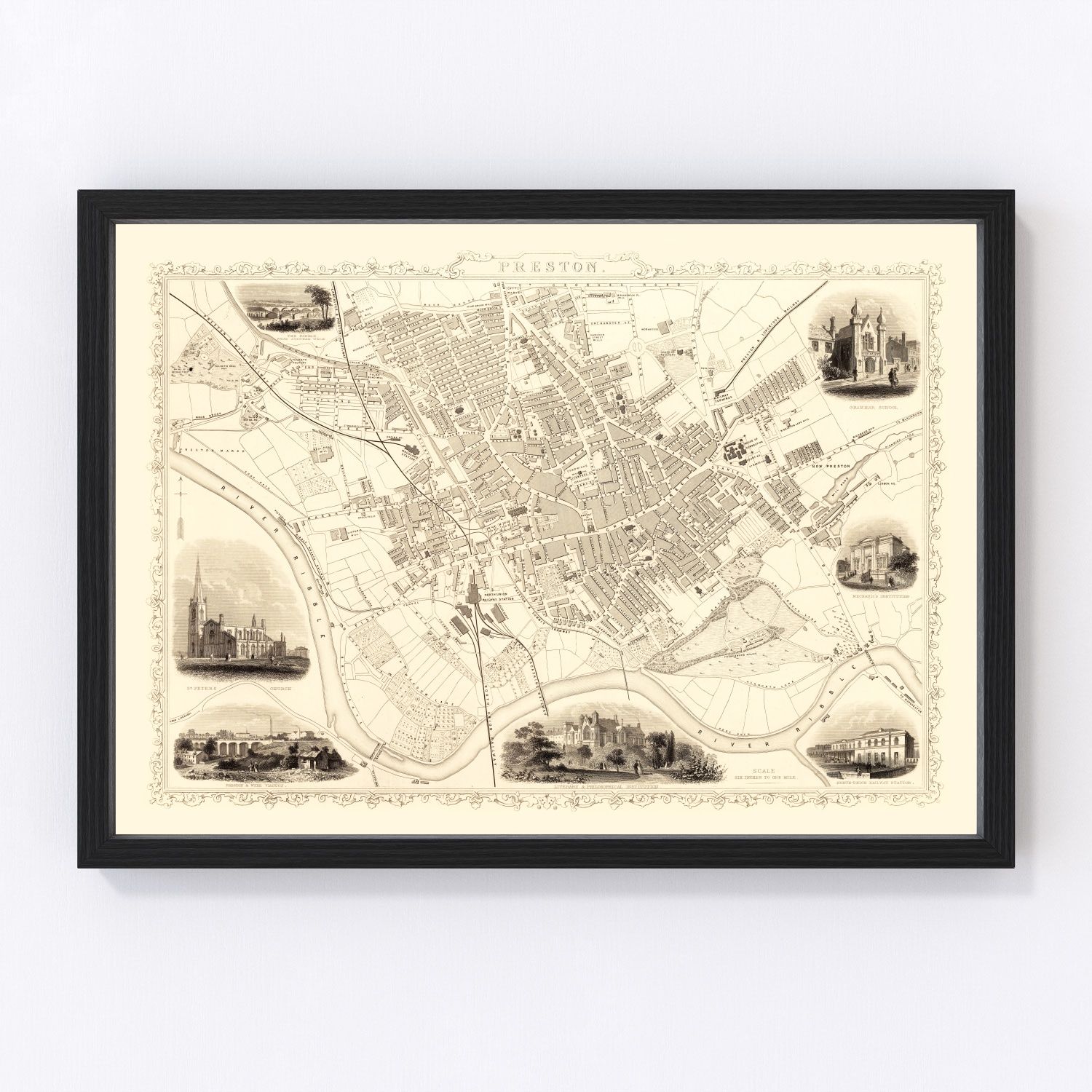 Vintage map of Preston, United Kingdom, 1851