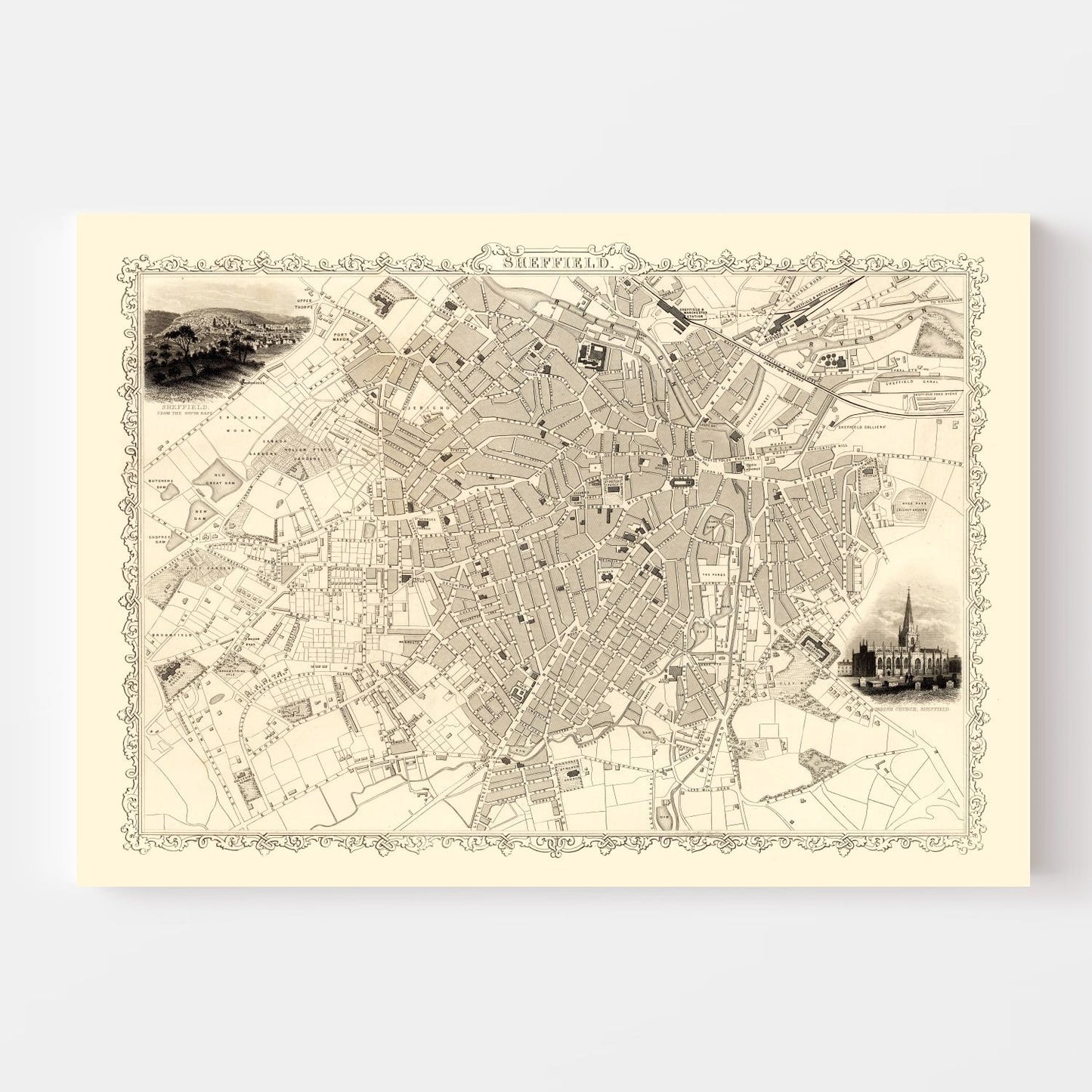 Vintage Map of Sheffield, England, 1851