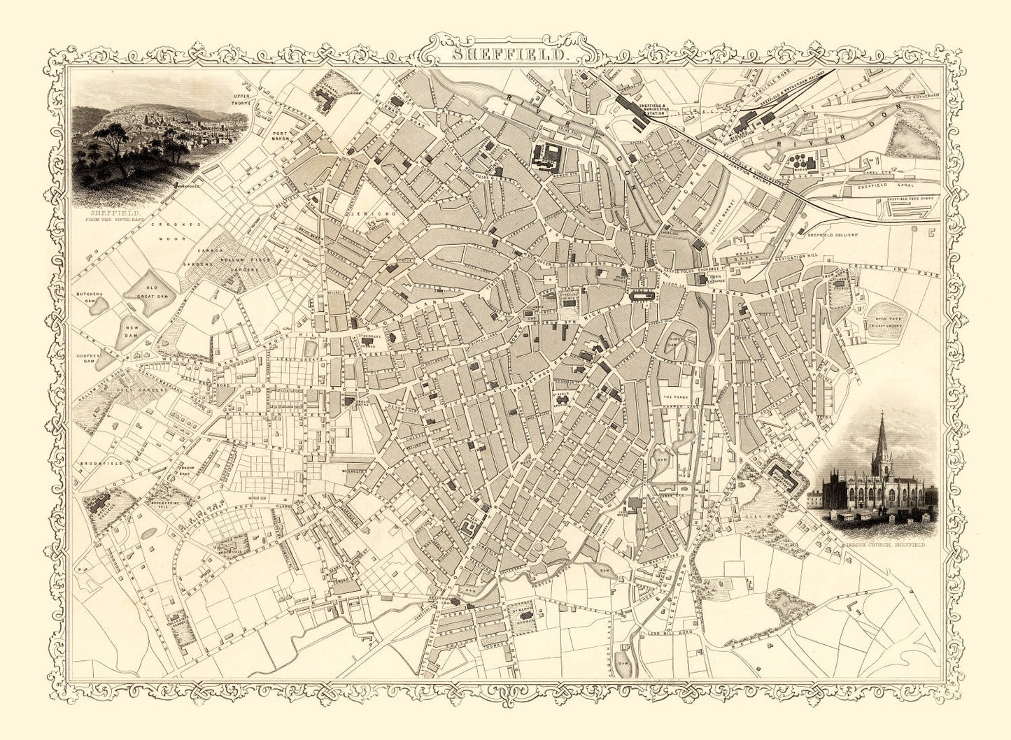 Vintage Map of Sheffield, England, 1851
