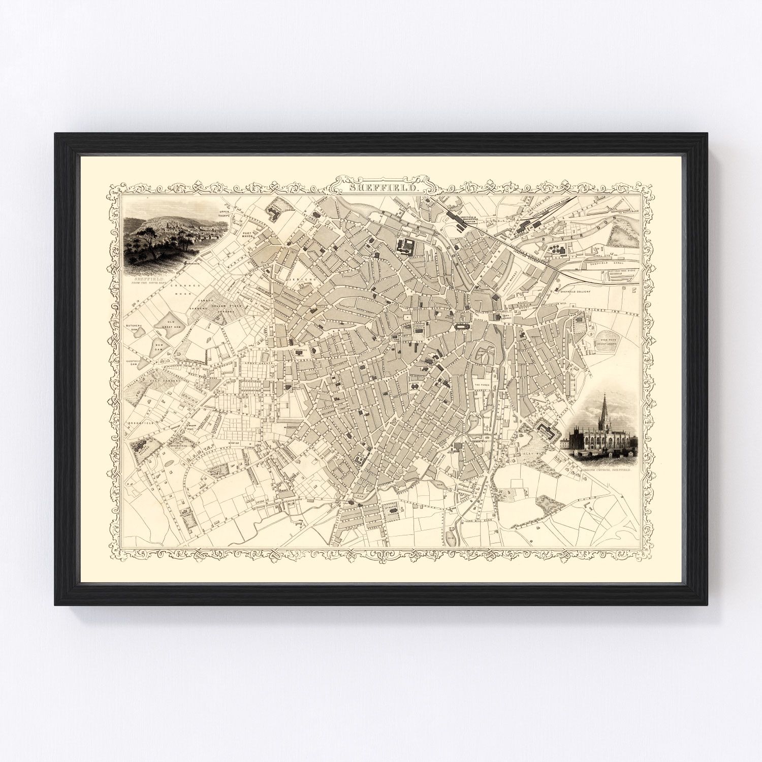 vintage map of Sheffield, England, 1851