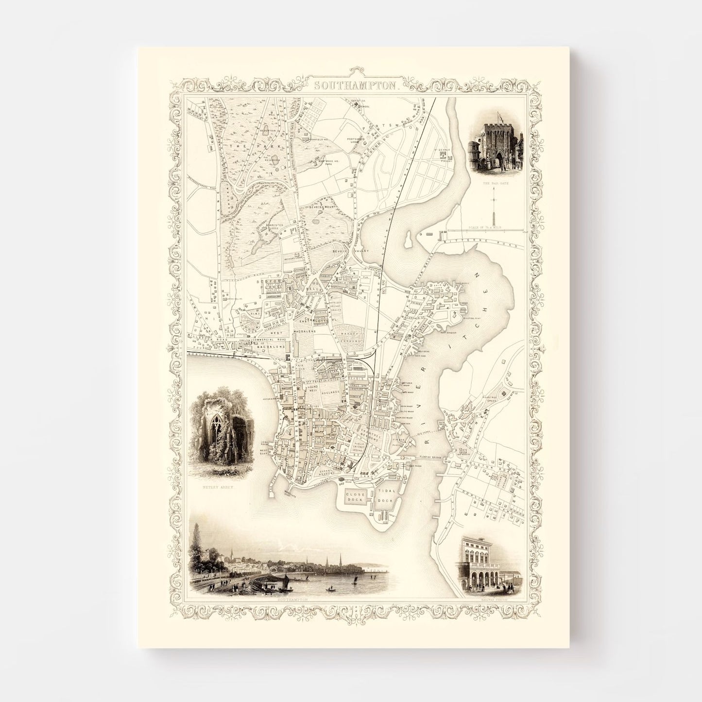 Vintage Map of Southampton, United Kingdom, 1851