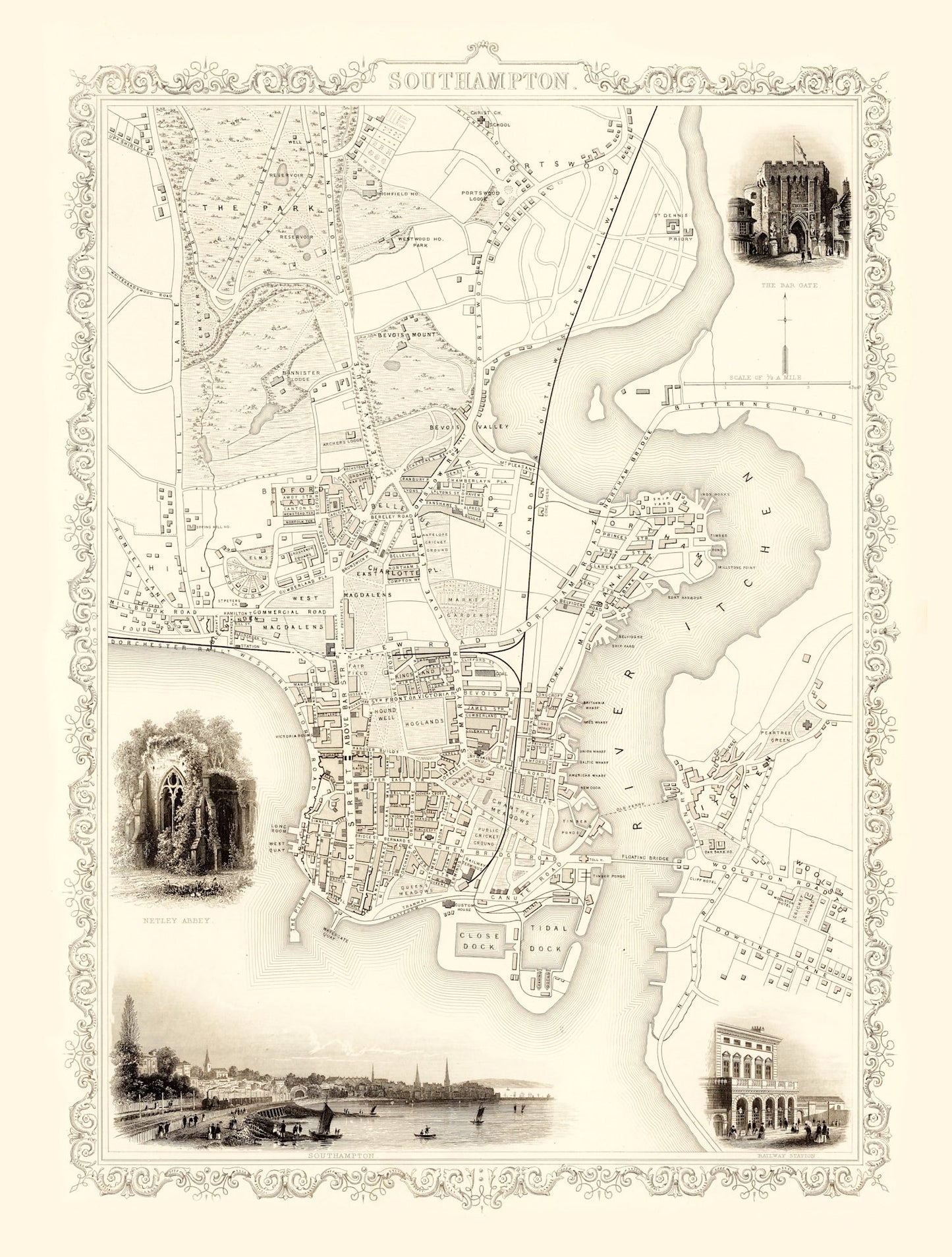 Vintage Map of Southampton, United Kingdom, 1851