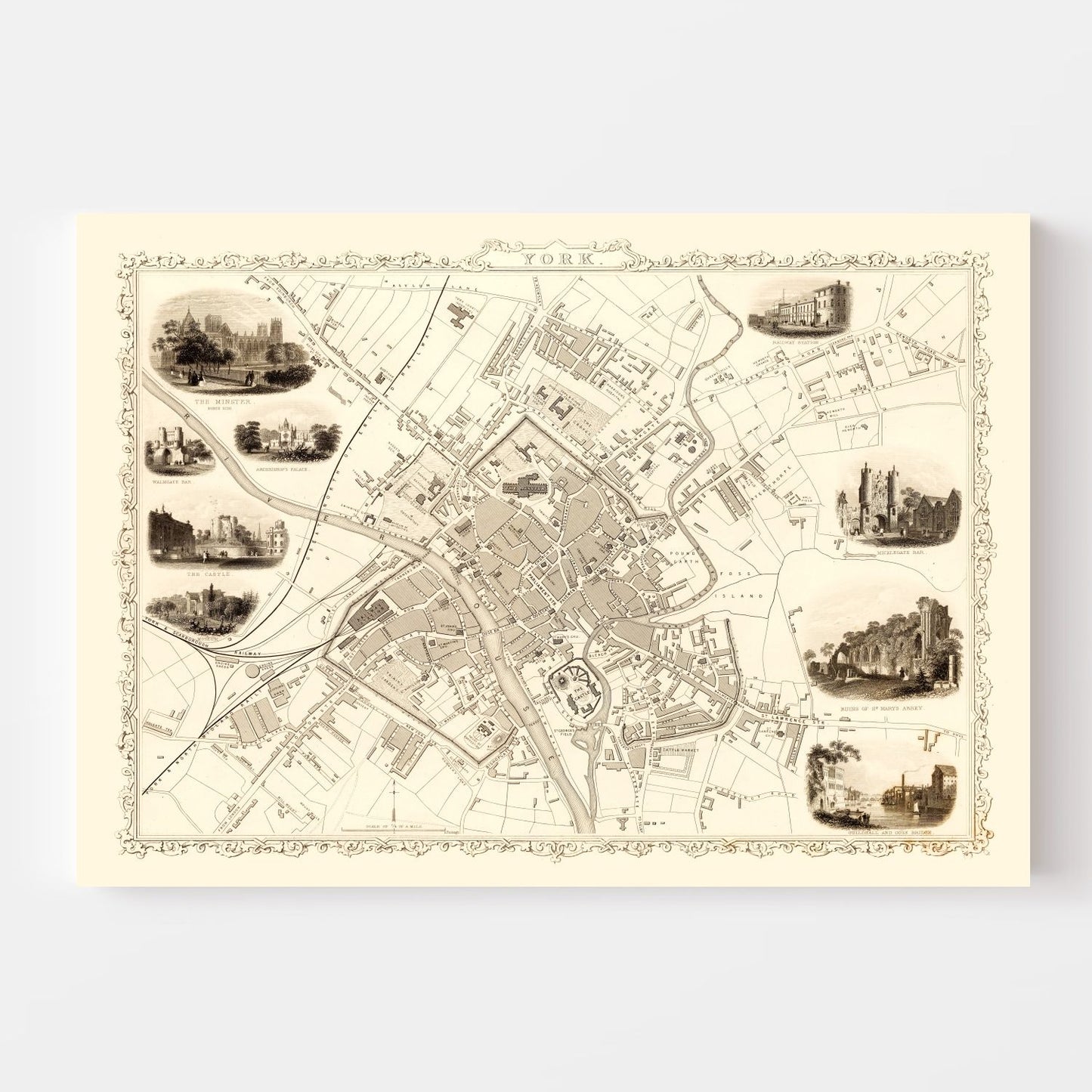 Vintage Map of York, United Kingdom, 1851