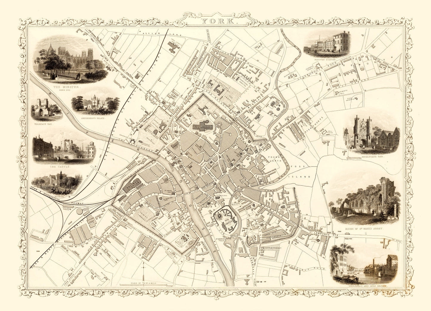 Vintage Map of York, United Kingdom, 1851