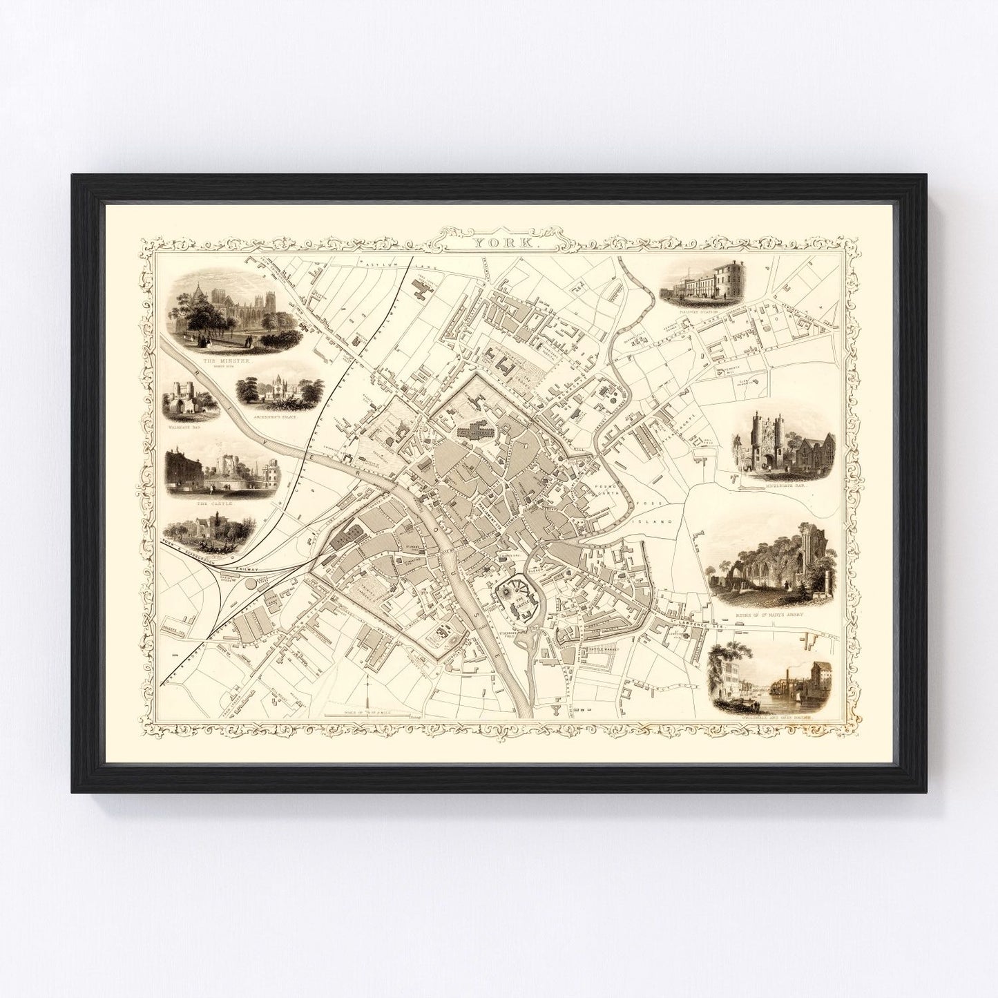 Vintage restored map of York, United Kingdom, 1851