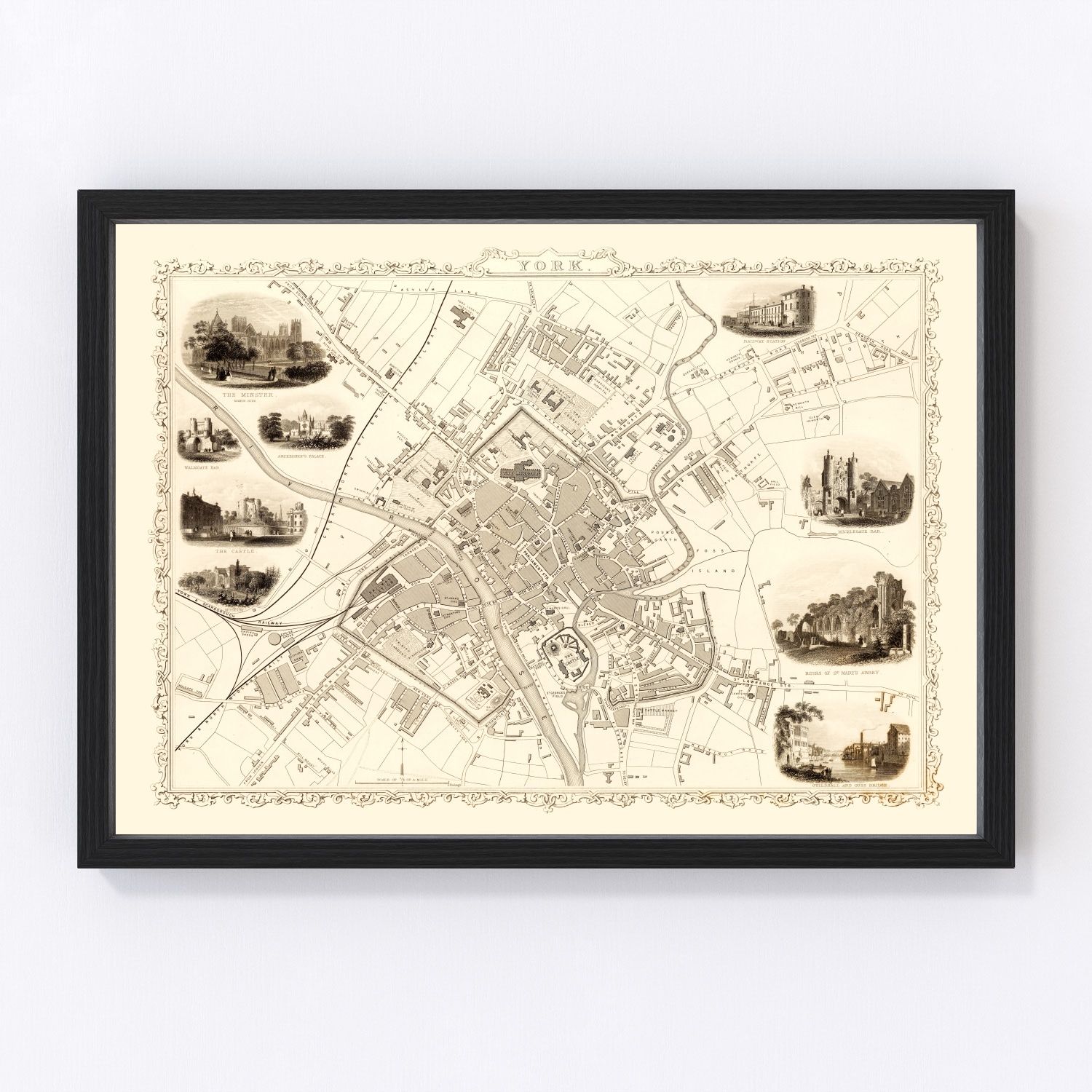 Vintage restored map of York, United Kingdom, 1851