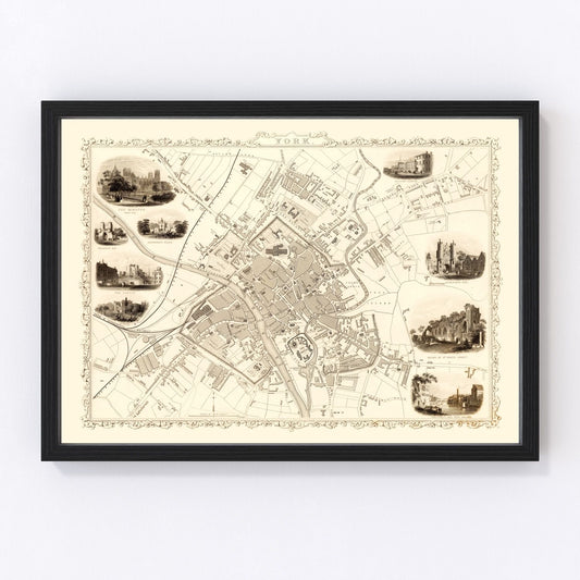Vintage restored map of York, United Kingdom, 1851