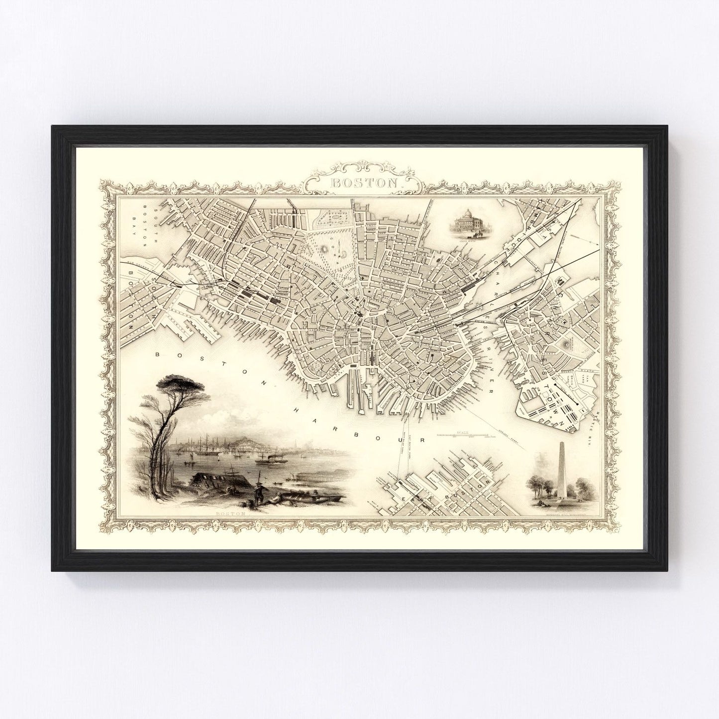 vintage map of Boston Massachusetts 1851, restored print wall art