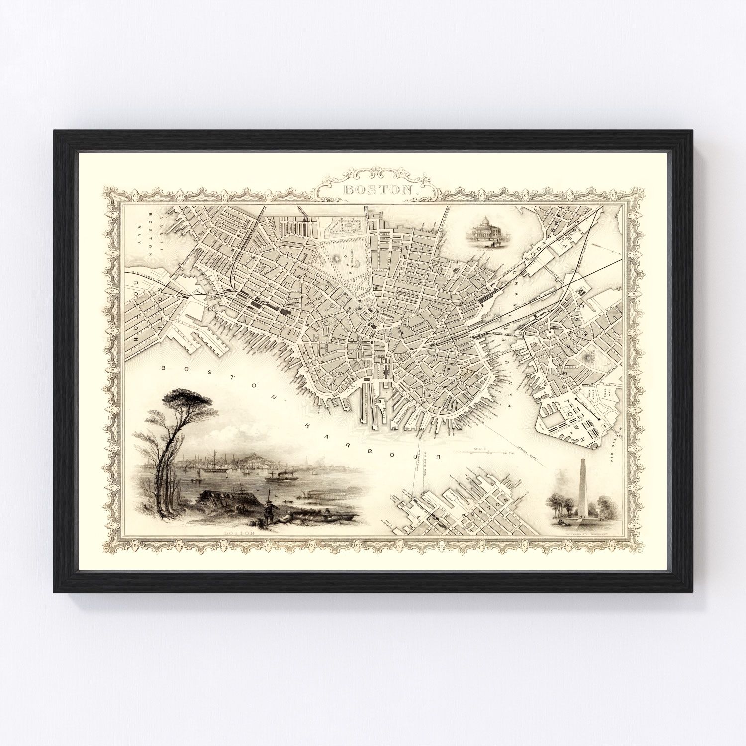 vintage map of Boston Massachusetts 1851, restored print wall art