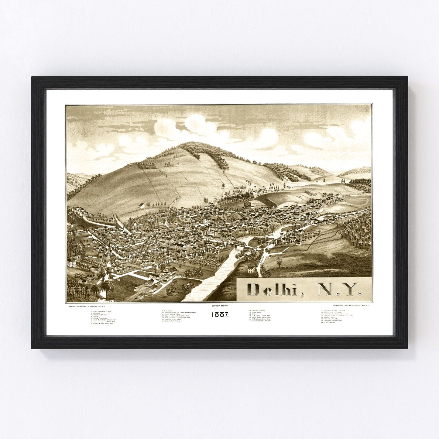 vintage map of delhi, new york, 1887